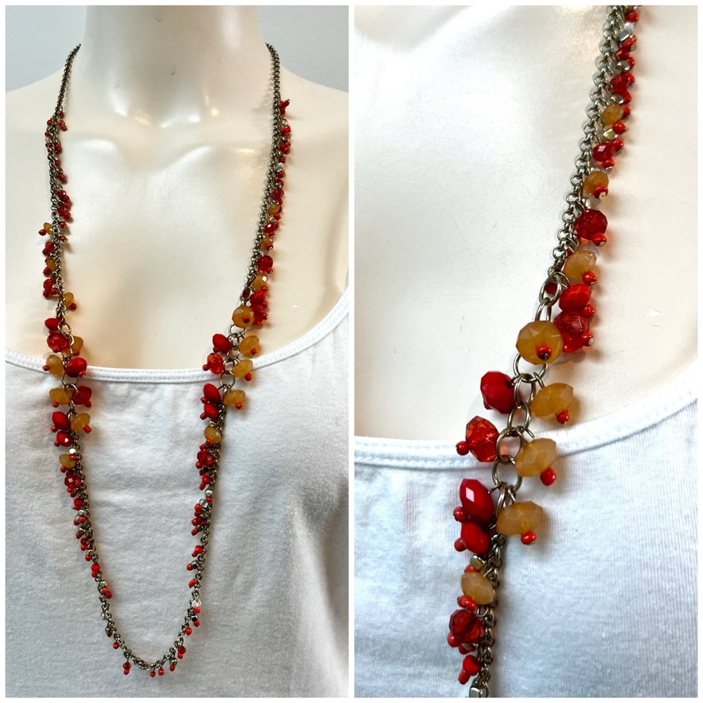 Long Red Coral Amber Bead Chain Necklace Jewelry - Picture 3 of 9